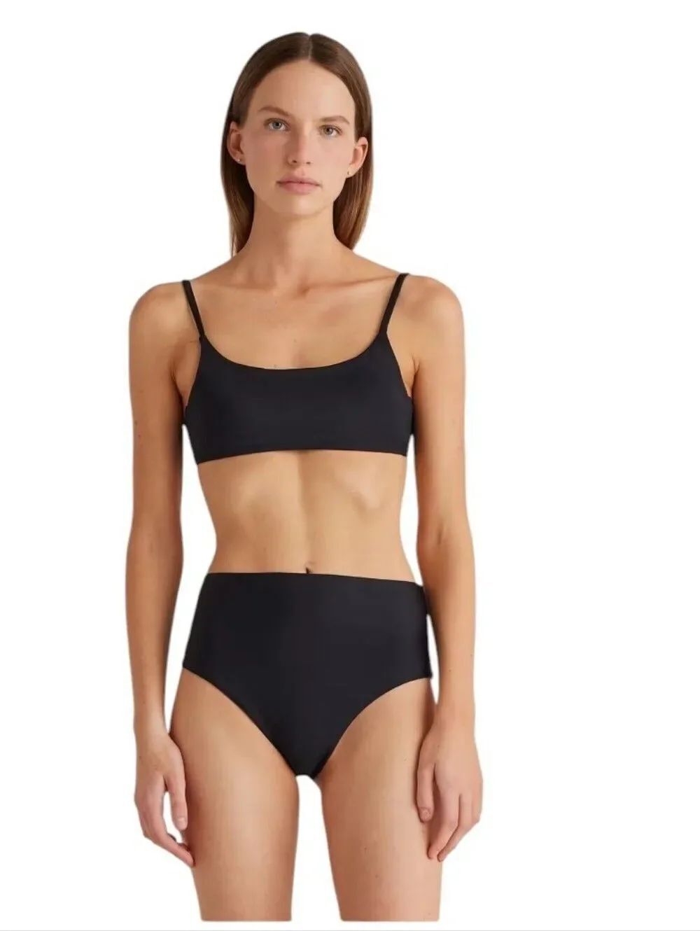 NWT QuinceāBikini Set Italian Scoop Neck Top & High Leg High Rise Bottom Black M